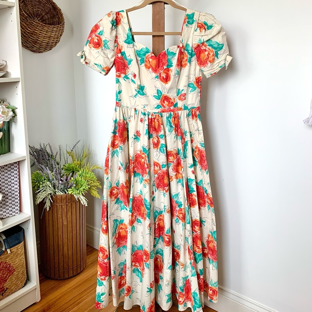 Laura Ashley Cream Floral Midi Dress with Red & Teal Flowers - Picture 7 of 15